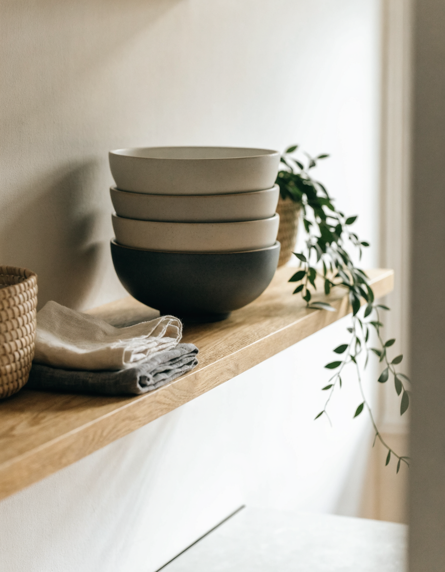 Étagère en bois clair avec bols en céramique, linge plié et plante