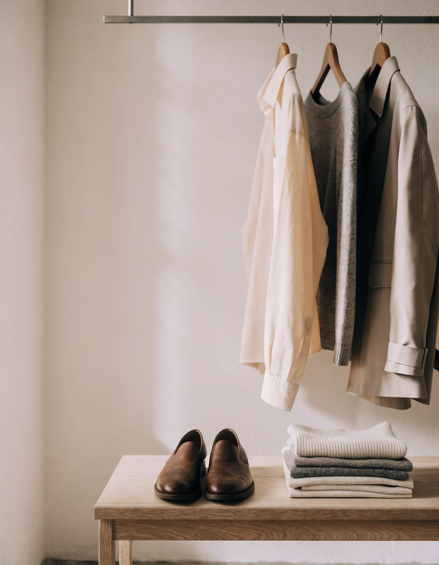 Portant avec chemise, pull et manteau en tons neutres, chaussures et pulls pliés