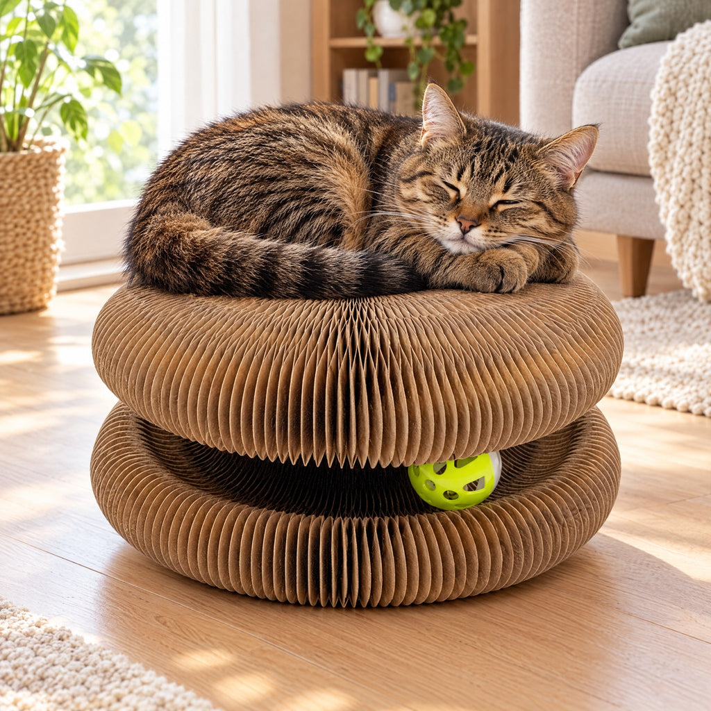 Griffoir Accordéon pour Chat avec Balle à Grelot – Jouet, Griffoir et Refuge 3 en 1