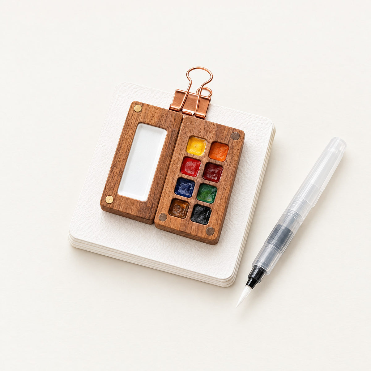 Kit d'aquarelle de poche avec palette en noyer et pinceau à eau
