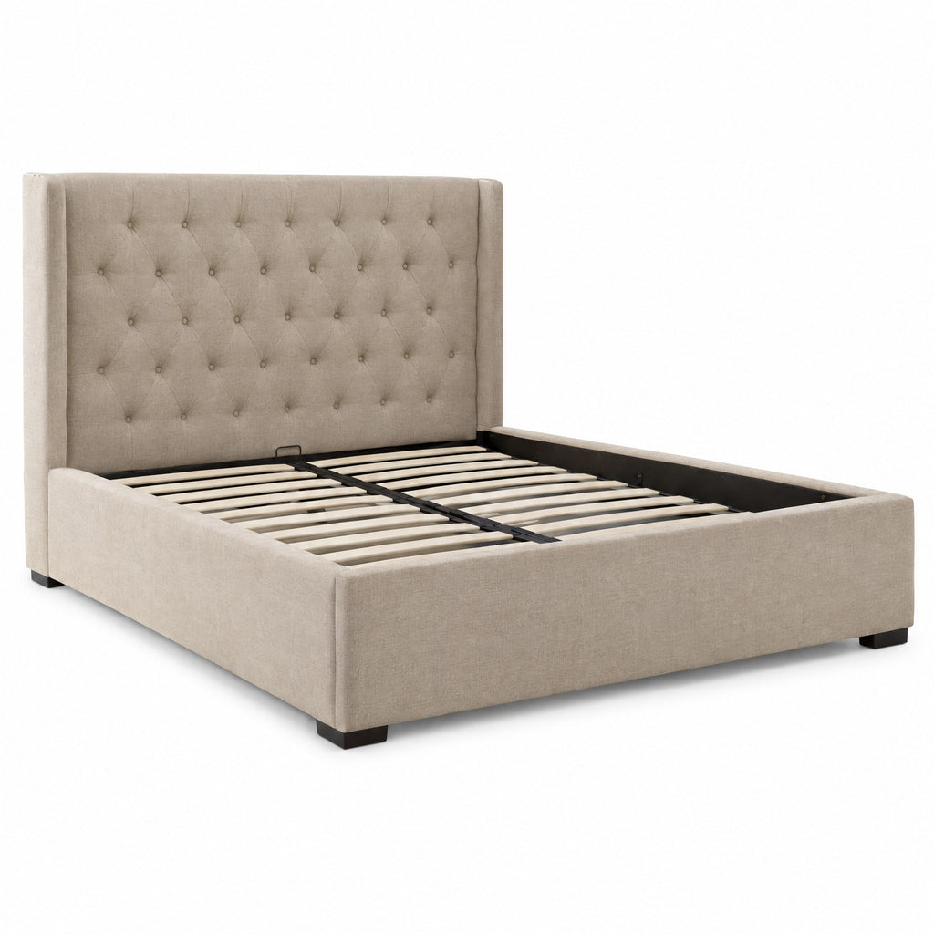 Lit Coffre Design avec Tête de Lit Capitonnée – Grand Rangement sous le Matelas
