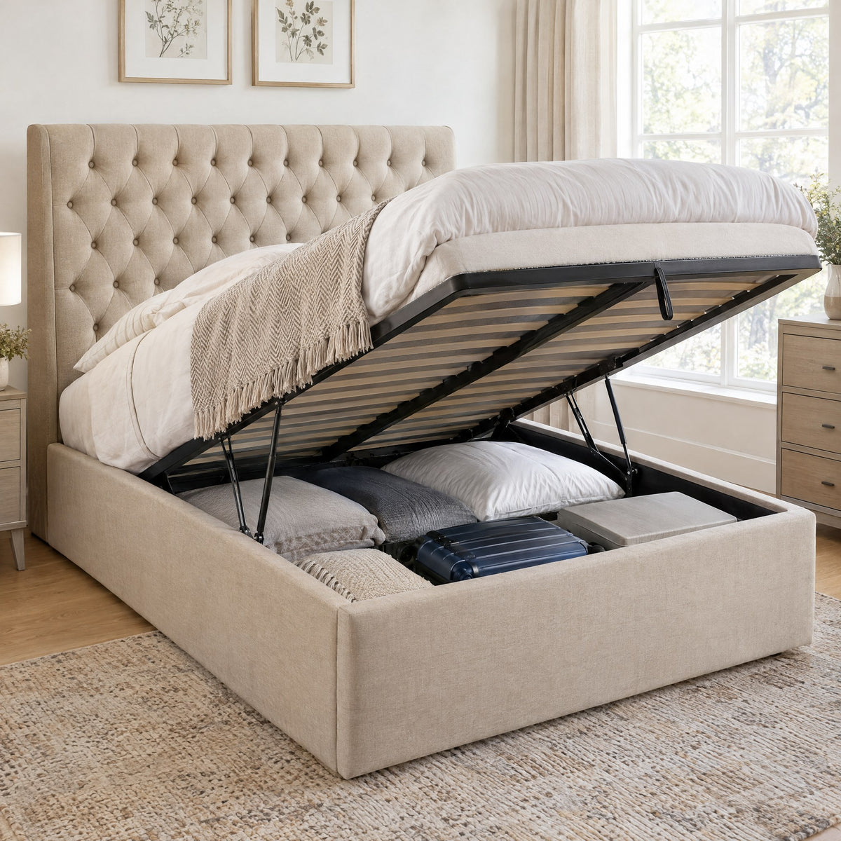 Lit Coffre Design avec Tête de Lit Capitonnée – Grand Rangement sous le Matelas