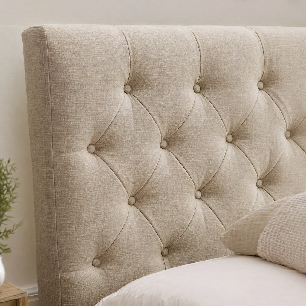 Lit Coffre Design avec Tête de Lit Capitonnée – Grand Rangement sous le Matelas