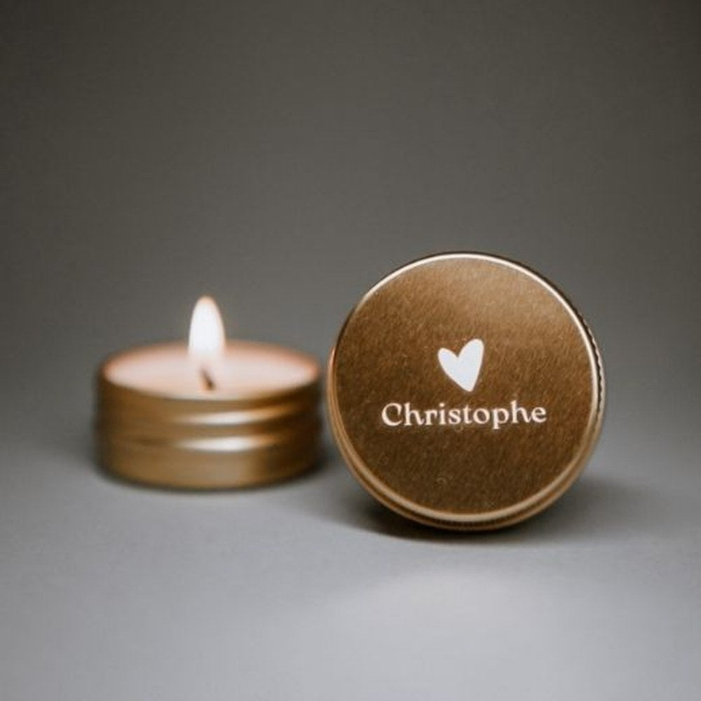 Mini bougie parfumée personnalisée, couvercle doré gravé au prénom