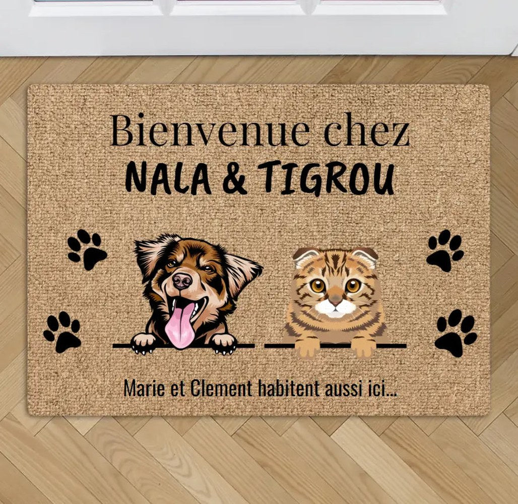 Paillasson personnalisé « Bienvenue chez » avec prénom et portrait d'animal
