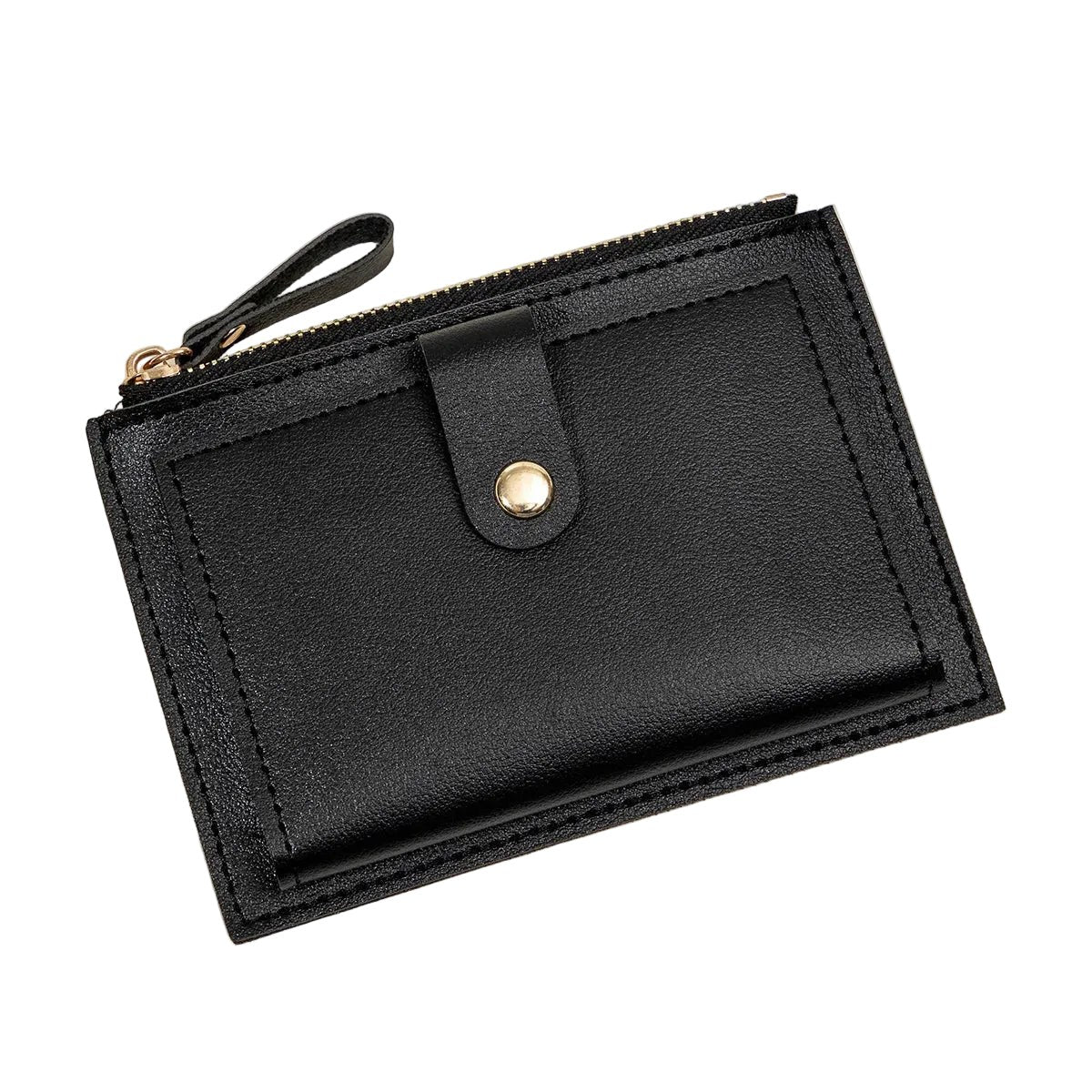 Porte-cartes femme compact à zip et bouton pression, simili cuir
