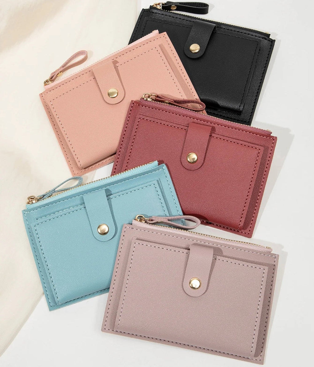 Porte-cartes femme compact à zip et bouton pression, simili cuir