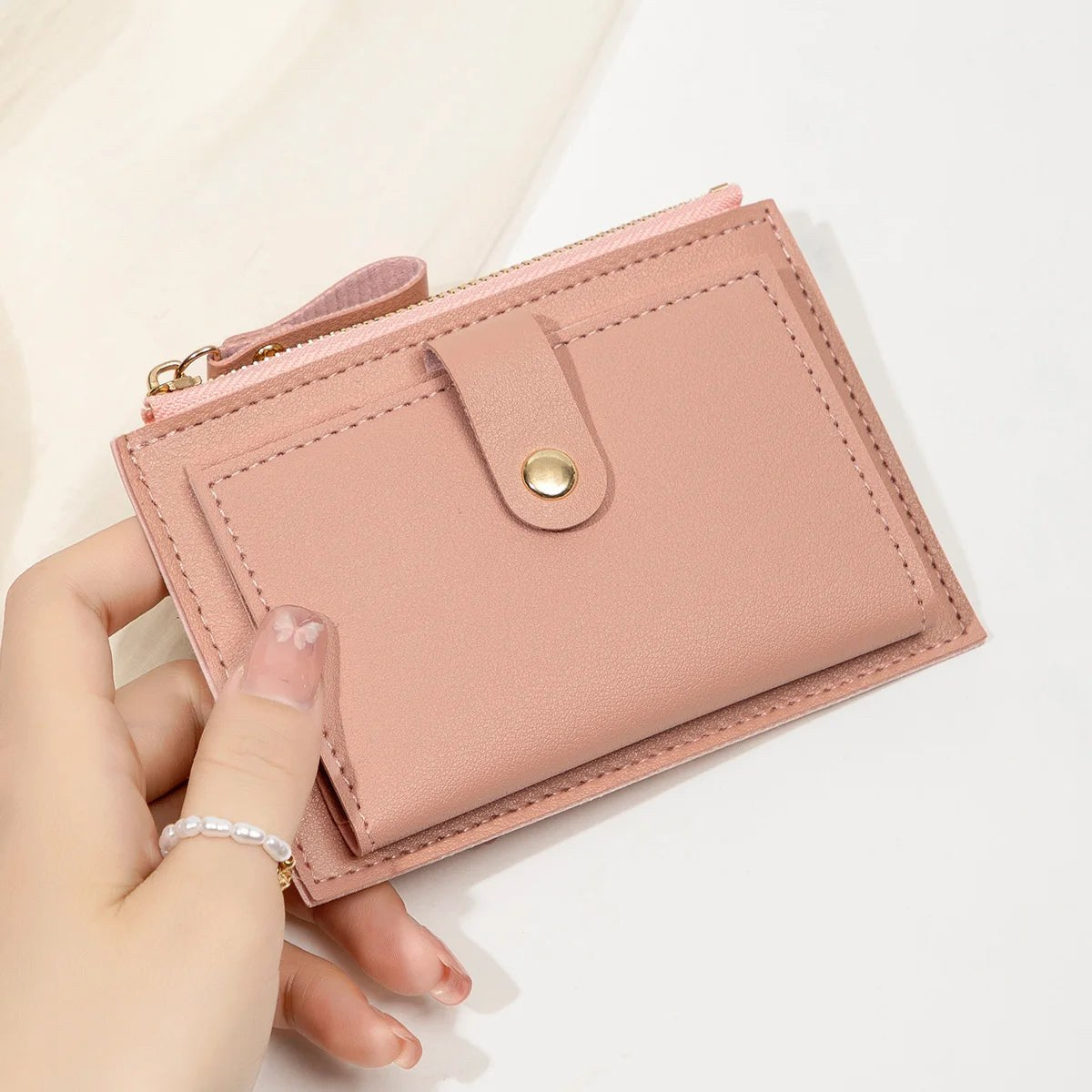 Porte-cartes femme compact à zip et bouton pression, simili cuir