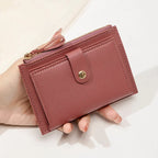 Porte-cartes femme compact à zip et bouton pression, simili cuir