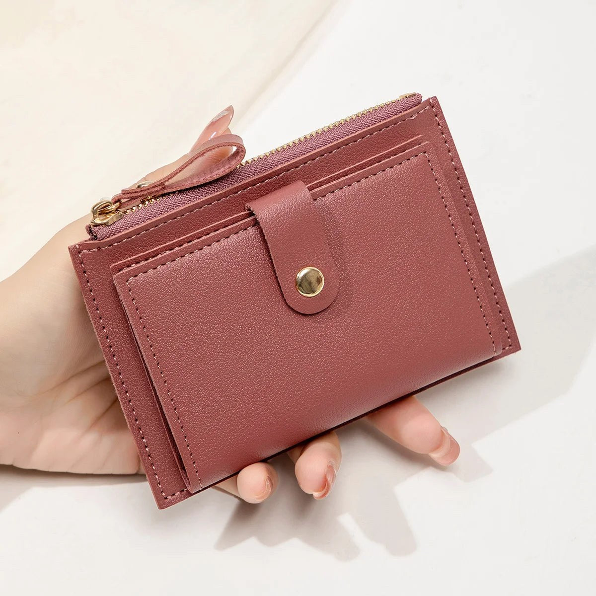 Porte-cartes femme compact à zip et bouton pression, simili cuir
