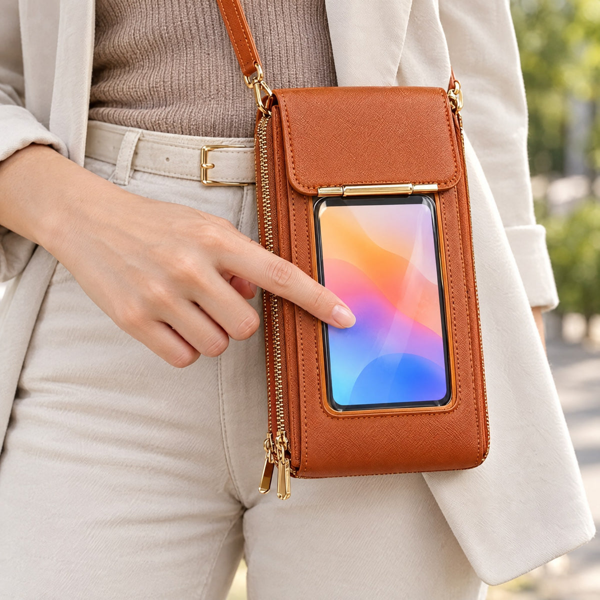 Sac Bandoulière Femme avec Fenêtre Tactile Smartphone et Protection RFID